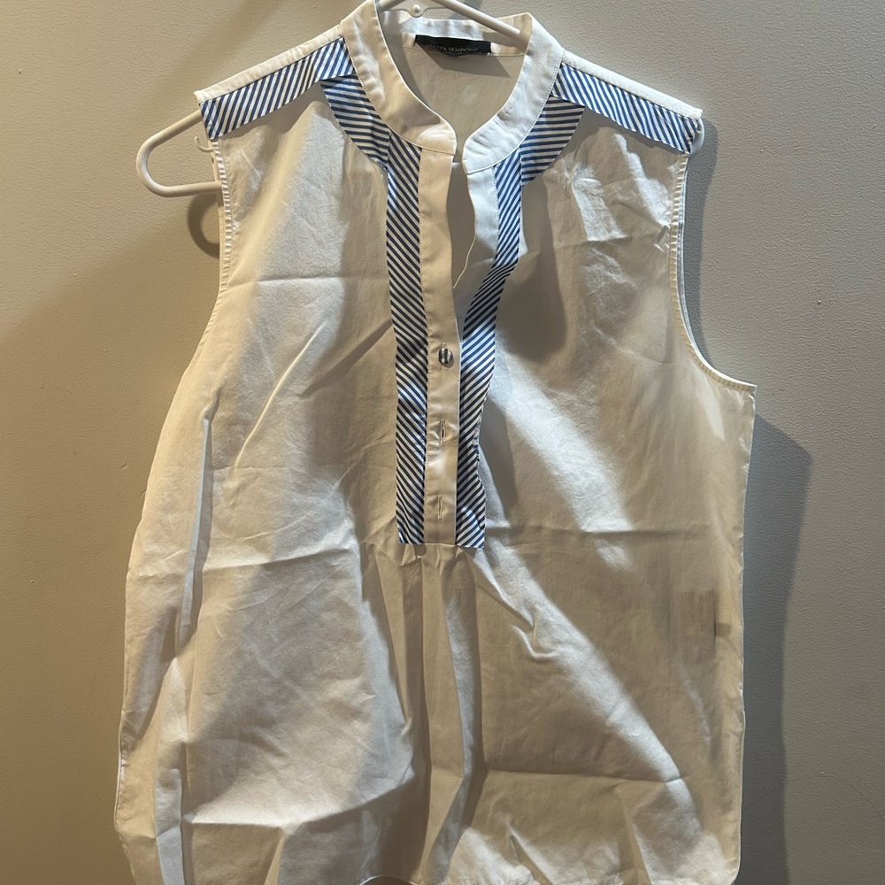 Piazza Sempione White Sleeveless Button Shirt with Navy Stripe Trim